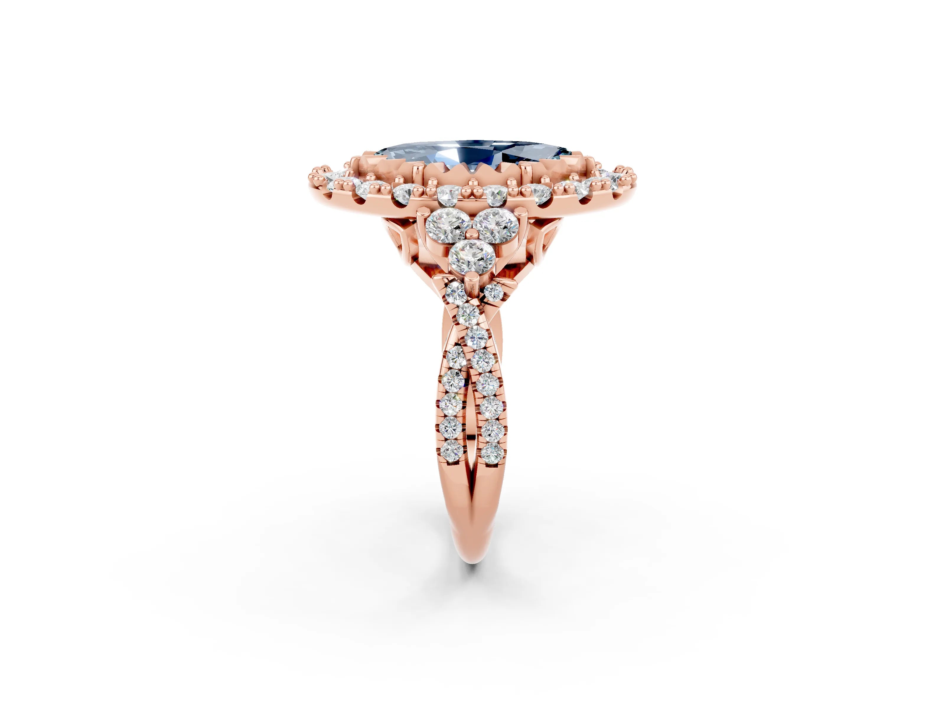 Rose gold Marquise Cut Aquamarine Halo Ring with Pavé Band and Four-Prong Setting_14