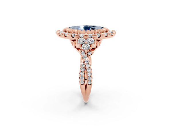 Rose gold Marquise Cut Aquamarine Halo Ring with Pavé Band and Four-Prong Setting