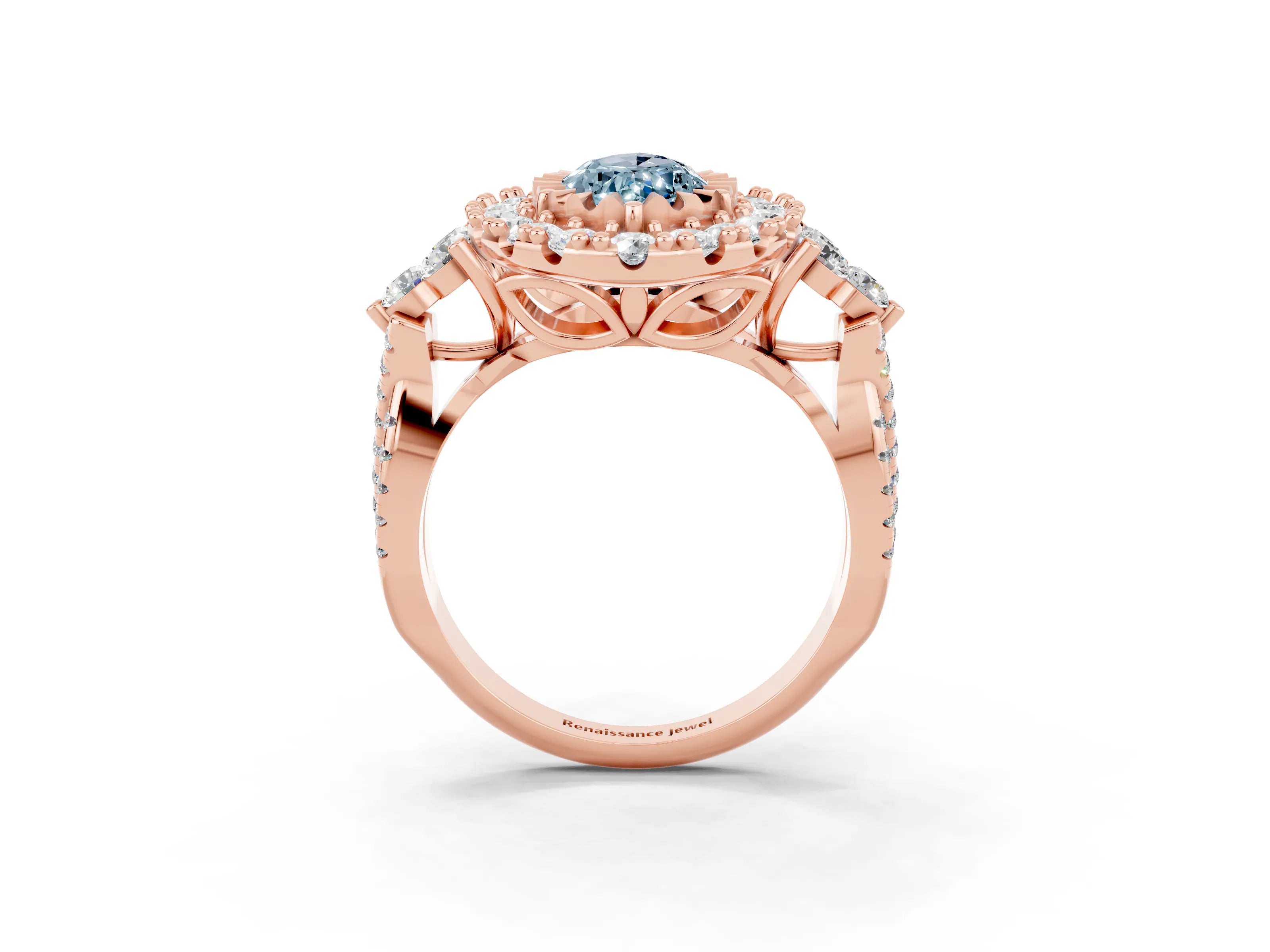 Rose gold Marquise Cut Aquamarine Halo Ring with Pavé Band and Four-Prong Setting_15
