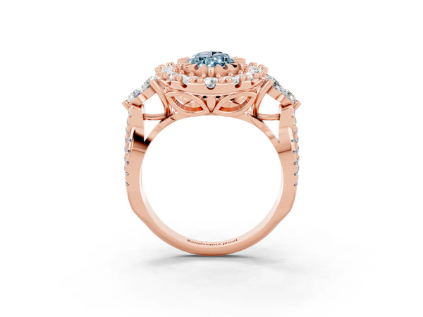 Rose gold Marquise Cut Aquamarine Halo Ring with Pavé Band and Four-Prong Setting