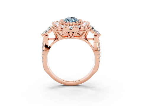 Rose gold Marquise Cut Aquamarine Halo Ring with Pavé Band and Four-Prong Setting_15