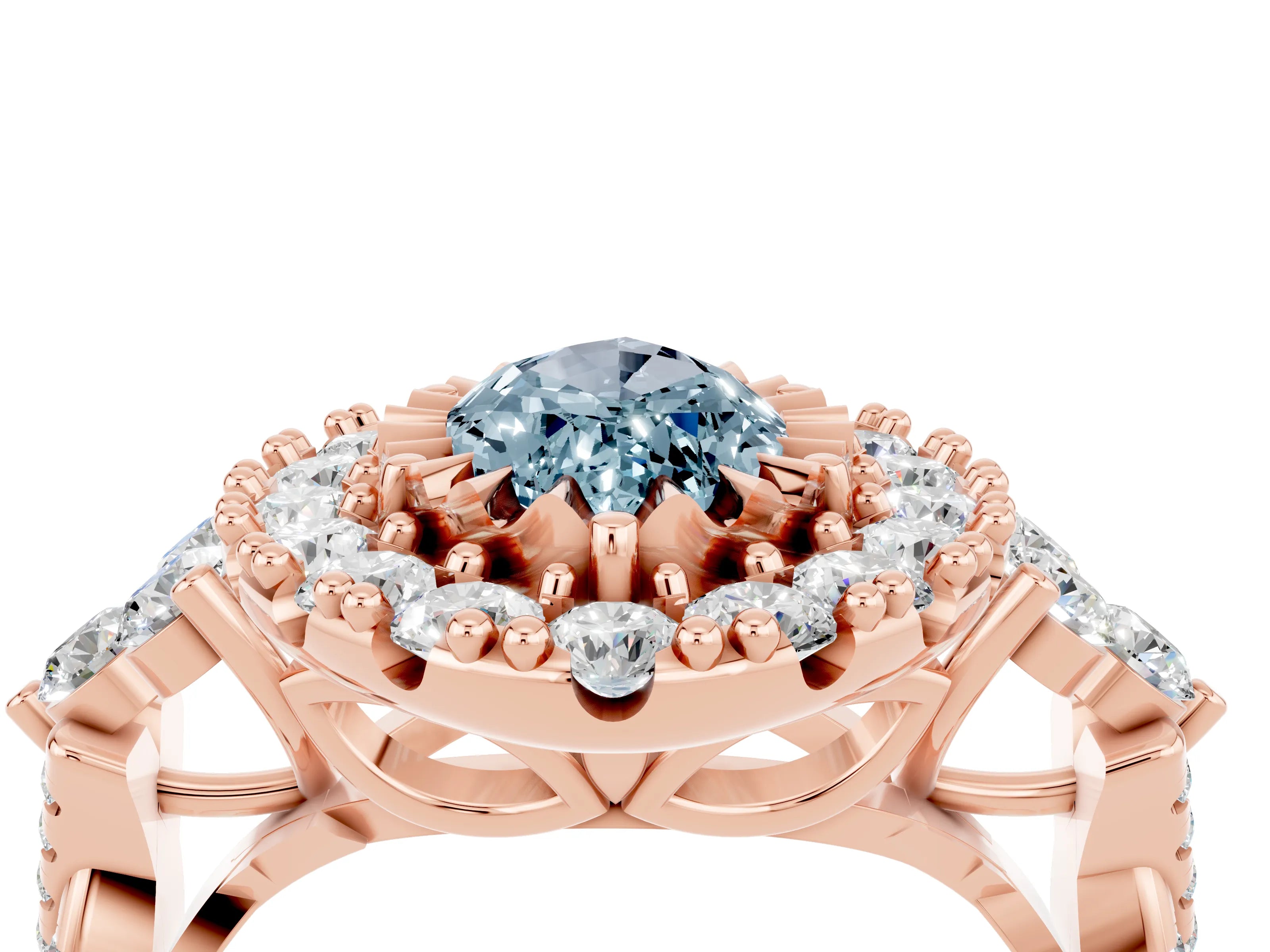 Rose gold Marquise Cut Aquamarine Halo Ring with Pavé Band and Four-Prong Setting_16