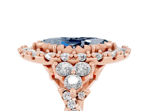 Rose gold Marquise Cut Aquamarine Halo Ring with Pavé Band and Four-Prong Setting_17