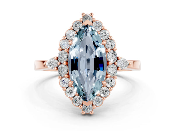 Rose gold Marquise Cut Aquamarine Halo Ring with Pear Side Stones and Prong Setting