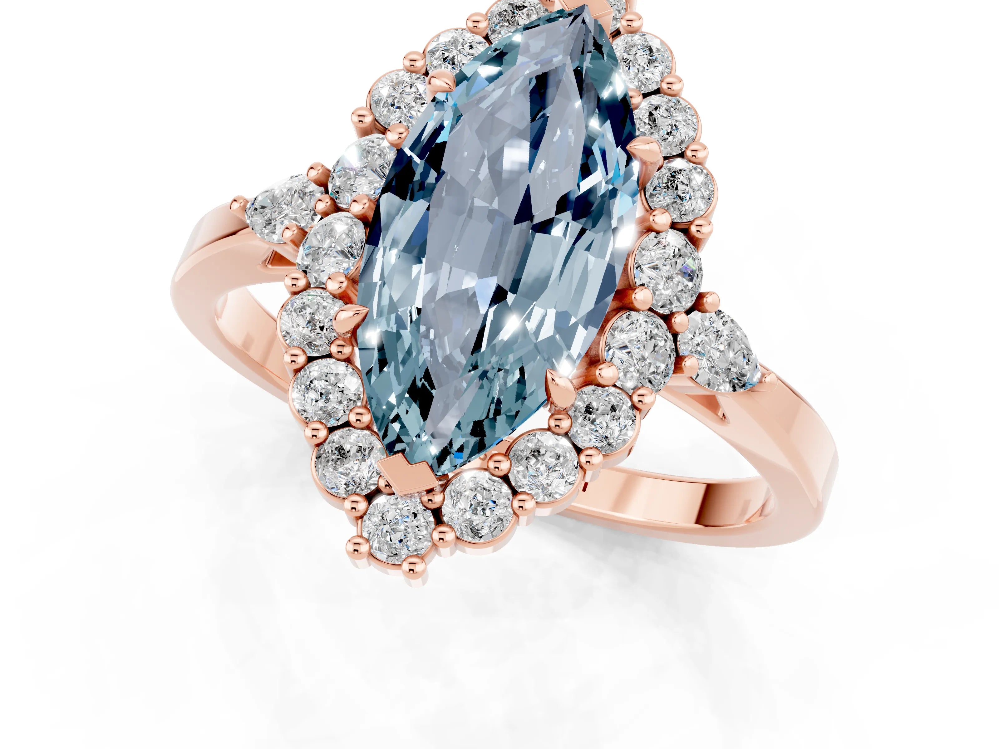 Rose gold Marquise Cut Aquamarine Halo Ring with Pear Side Stones and Prong Setting_13