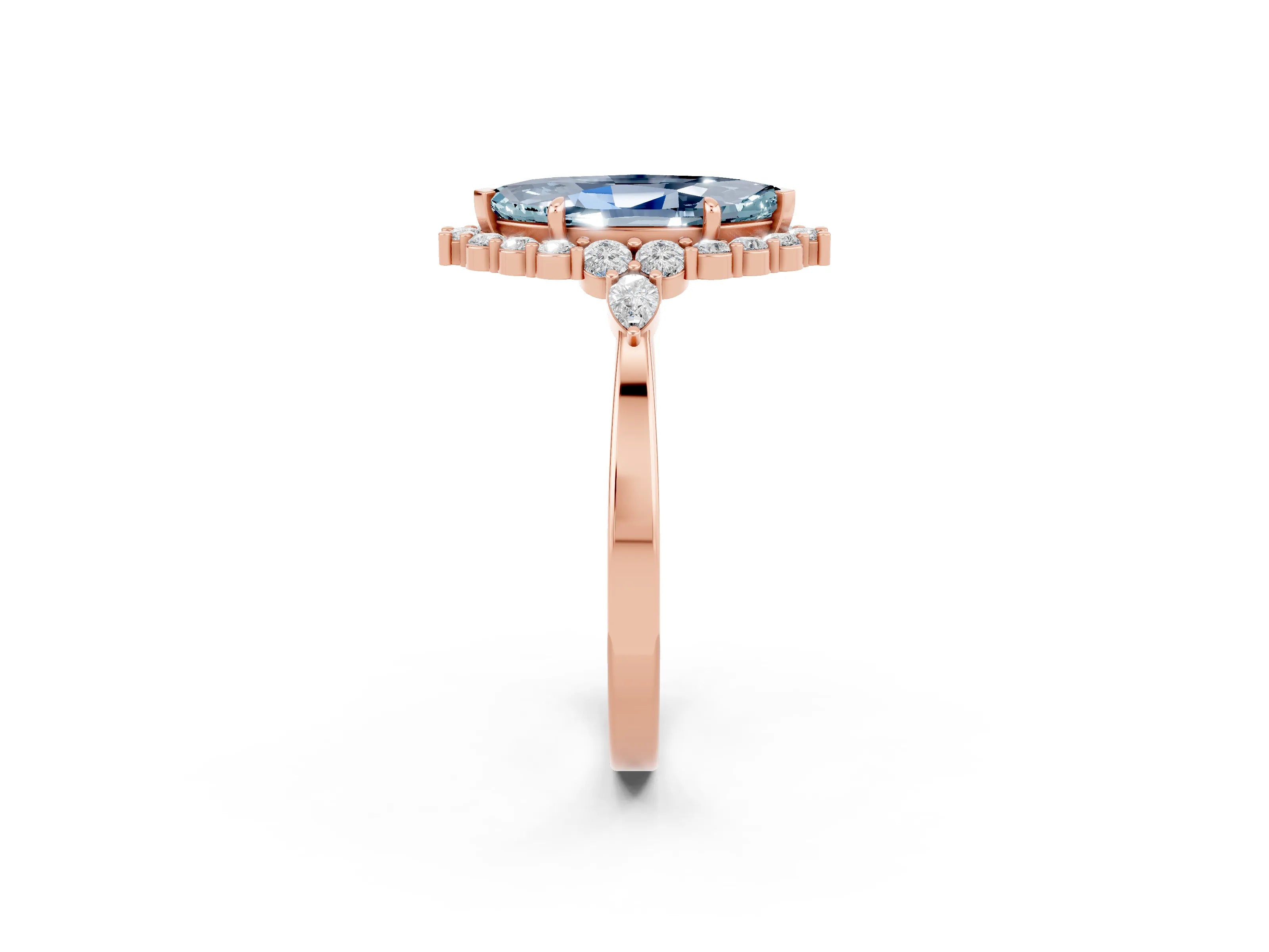 Rose gold Marquise Cut Aquamarine Halo Ring with Pear Side Stones and Prong Setting_14