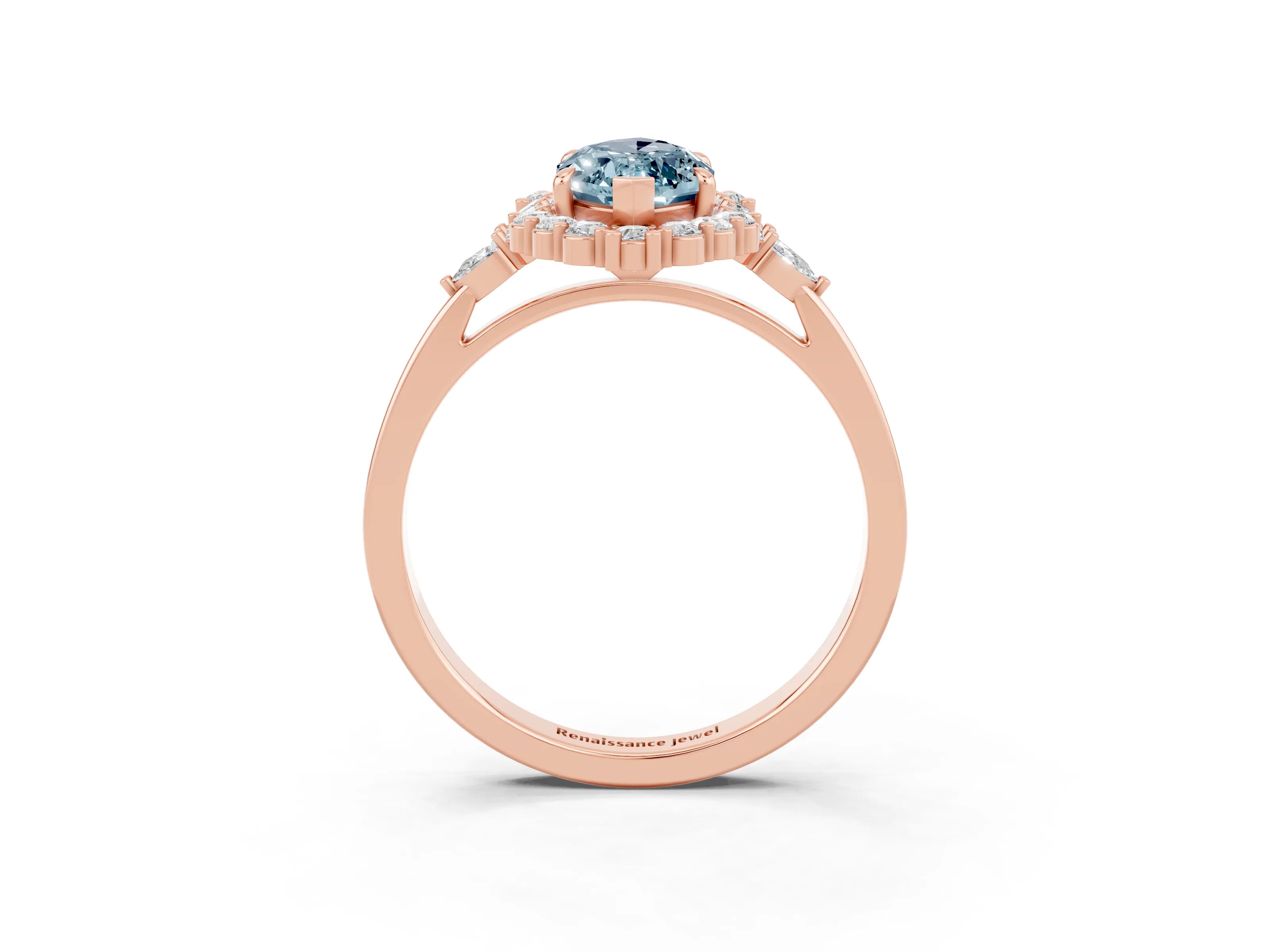 Rose gold Marquise Cut Aquamarine Halo Ring with Pear Side Stones and Prong Setting_15