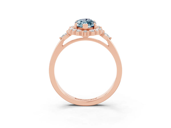Rose gold Marquise Cut Aquamarine Halo Ring with Pear Side Stones and Prong Setting