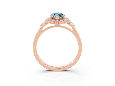 Rose gold Marquise Cut Aquamarine Halo Ring with Pear Side Stones and Prong Setting_15