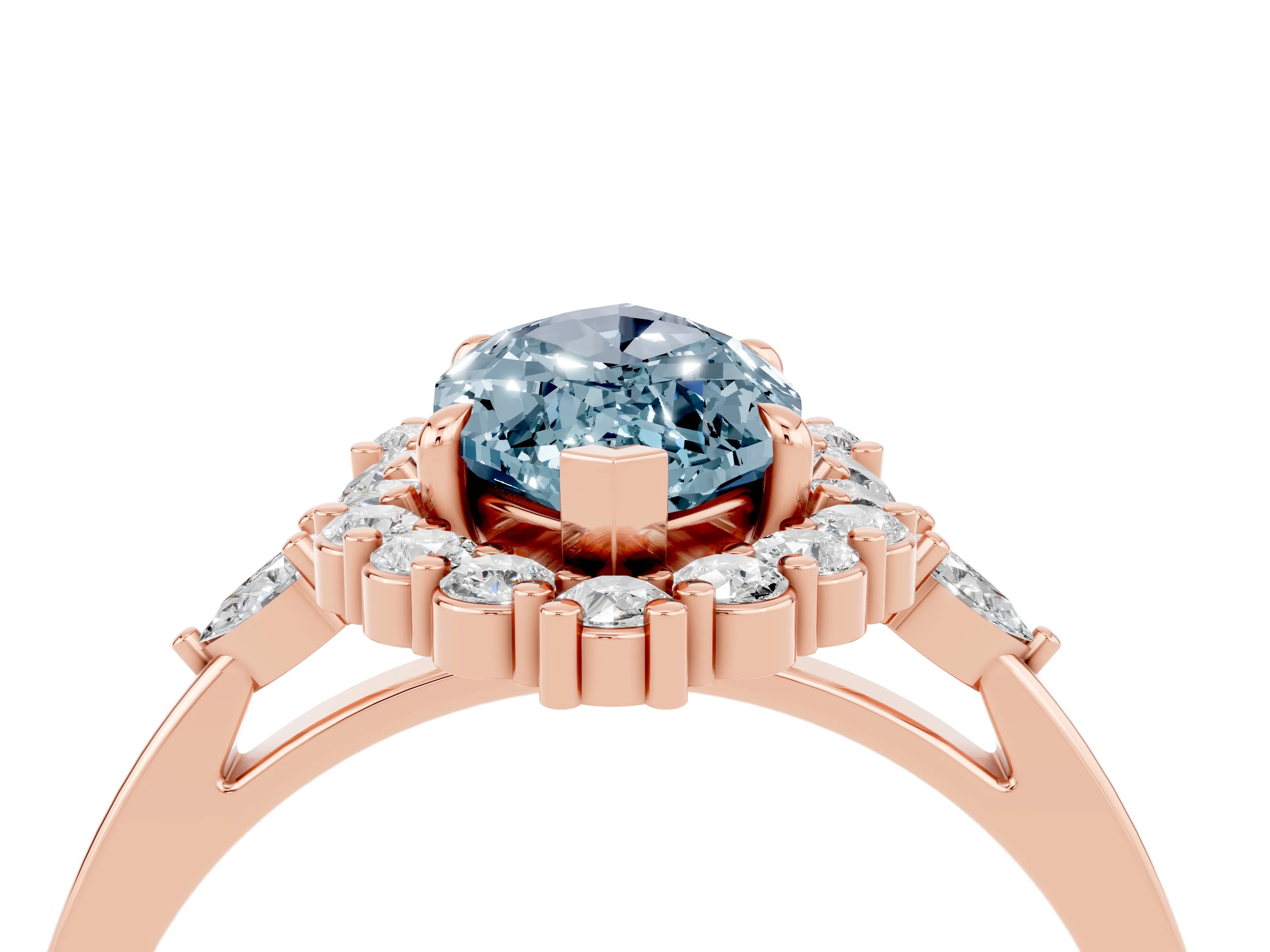 Rose gold Marquise Cut Aquamarine Halo Ring with Pear Side Stones and Prong Setting_16