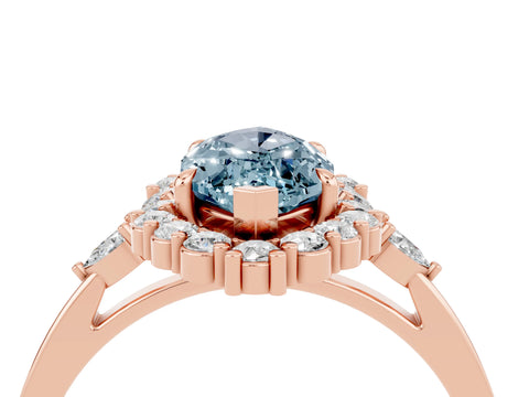 Rose gold Marquise Cut Aquamarine Halo Ring with Pear Side Stones and Prong Setting_16