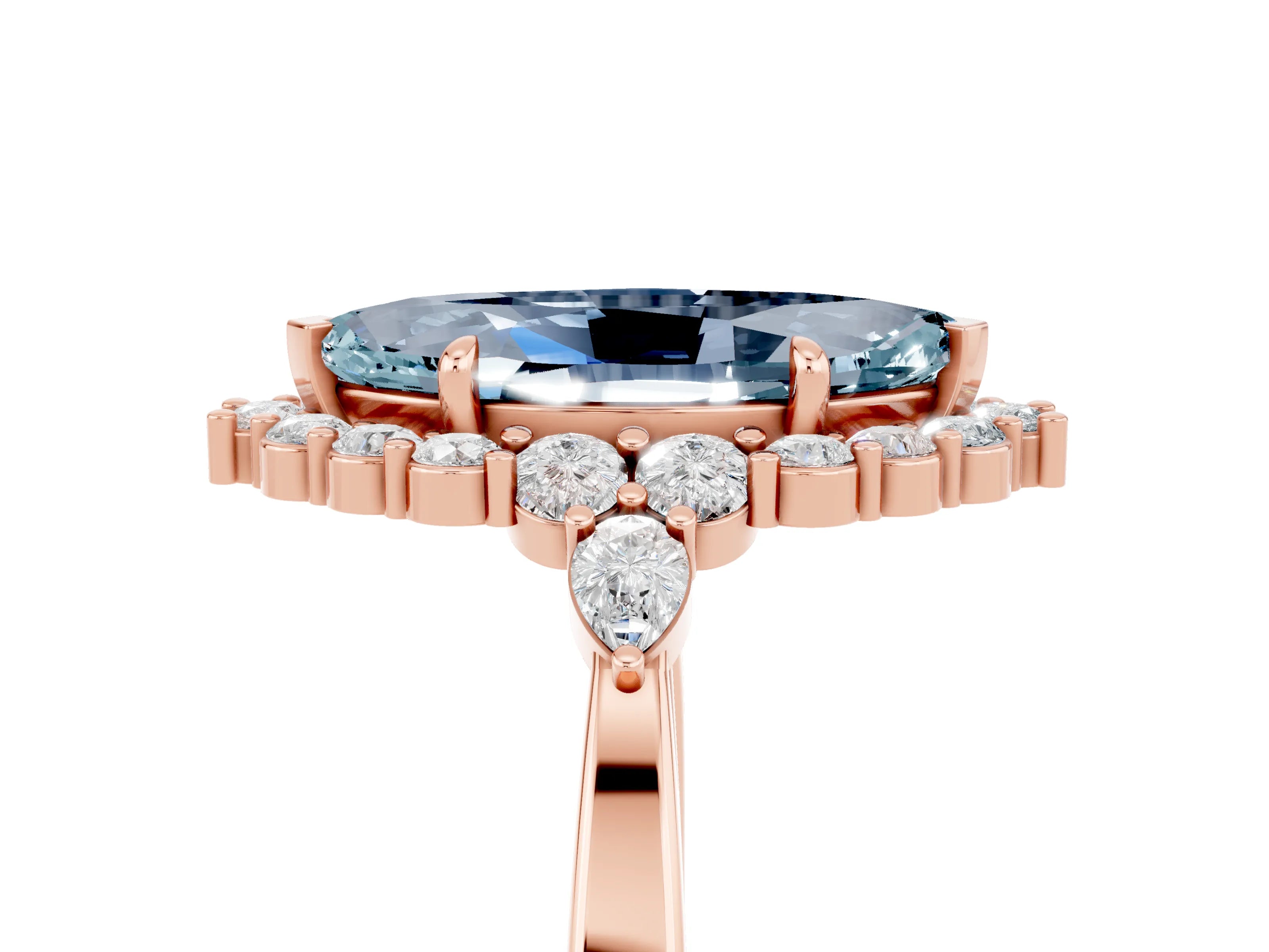 Rose gold Marquise Cut Aquamarine Halo Ring with Pear Side Stones and Prong Setting_17