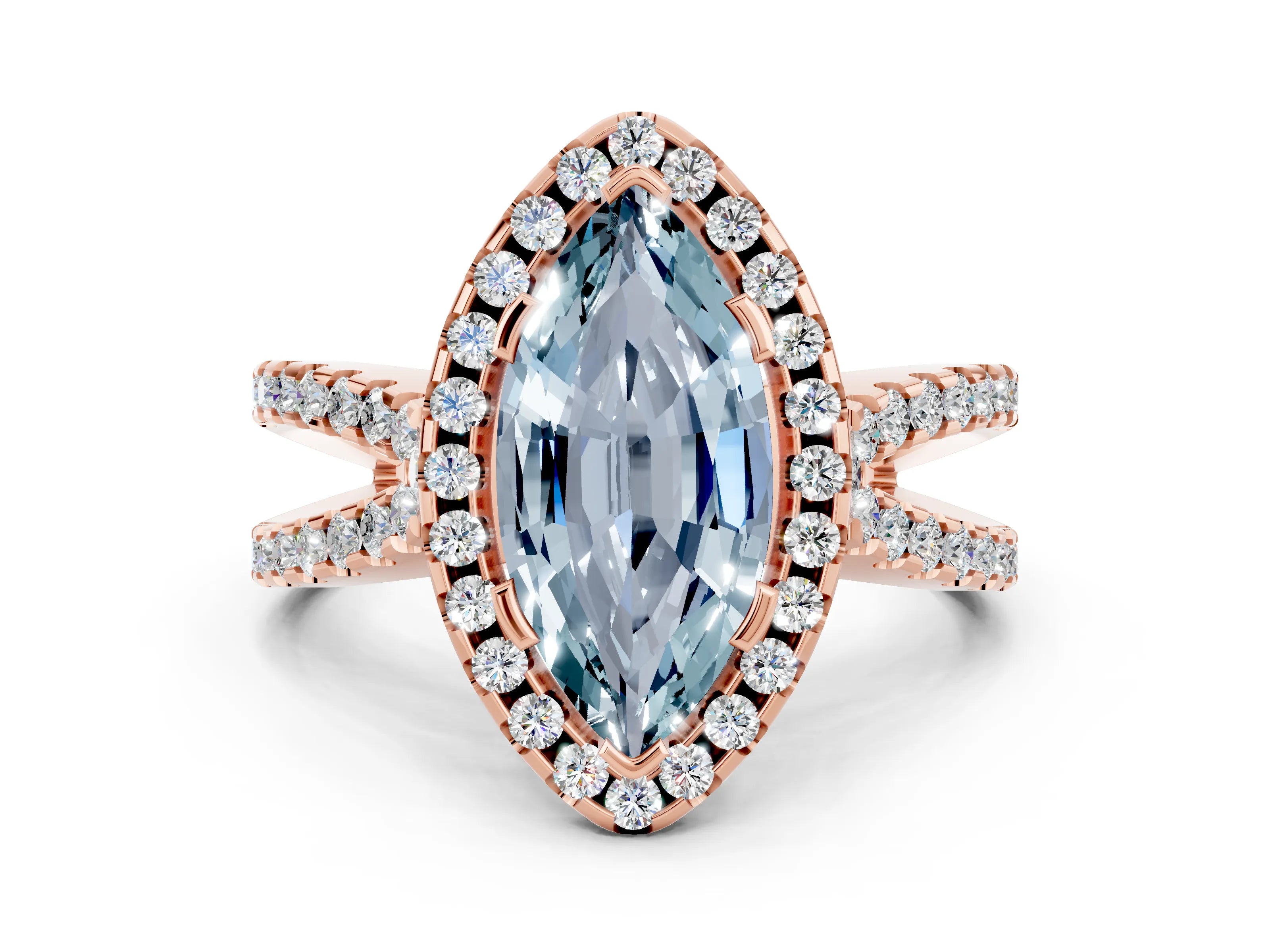 Rose gold Marquise Cut Aquamarine Halo Ring with Split Shank Pavé Band and Prong Setting
