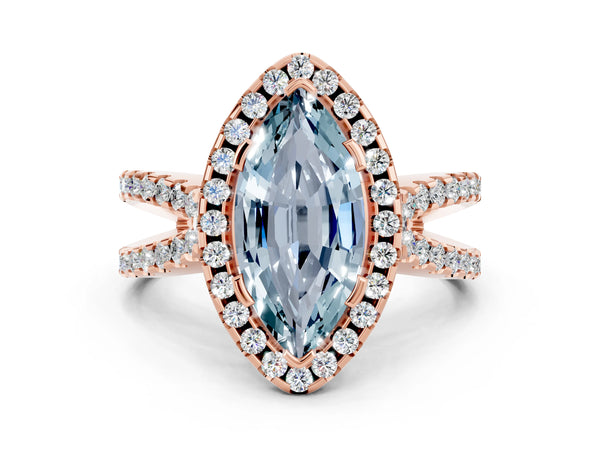 Rose gold Marquise Cut Aquamarine Halo Ring with Split Shank Pavé Band and Prong Setting