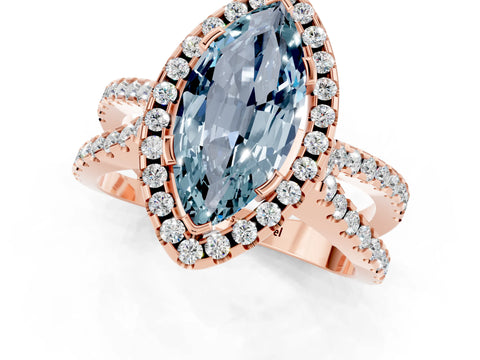 Rose gold Marquise Cut Aquamarine Halo Ring with Split Shank Pavé Band and Prong Setting_1