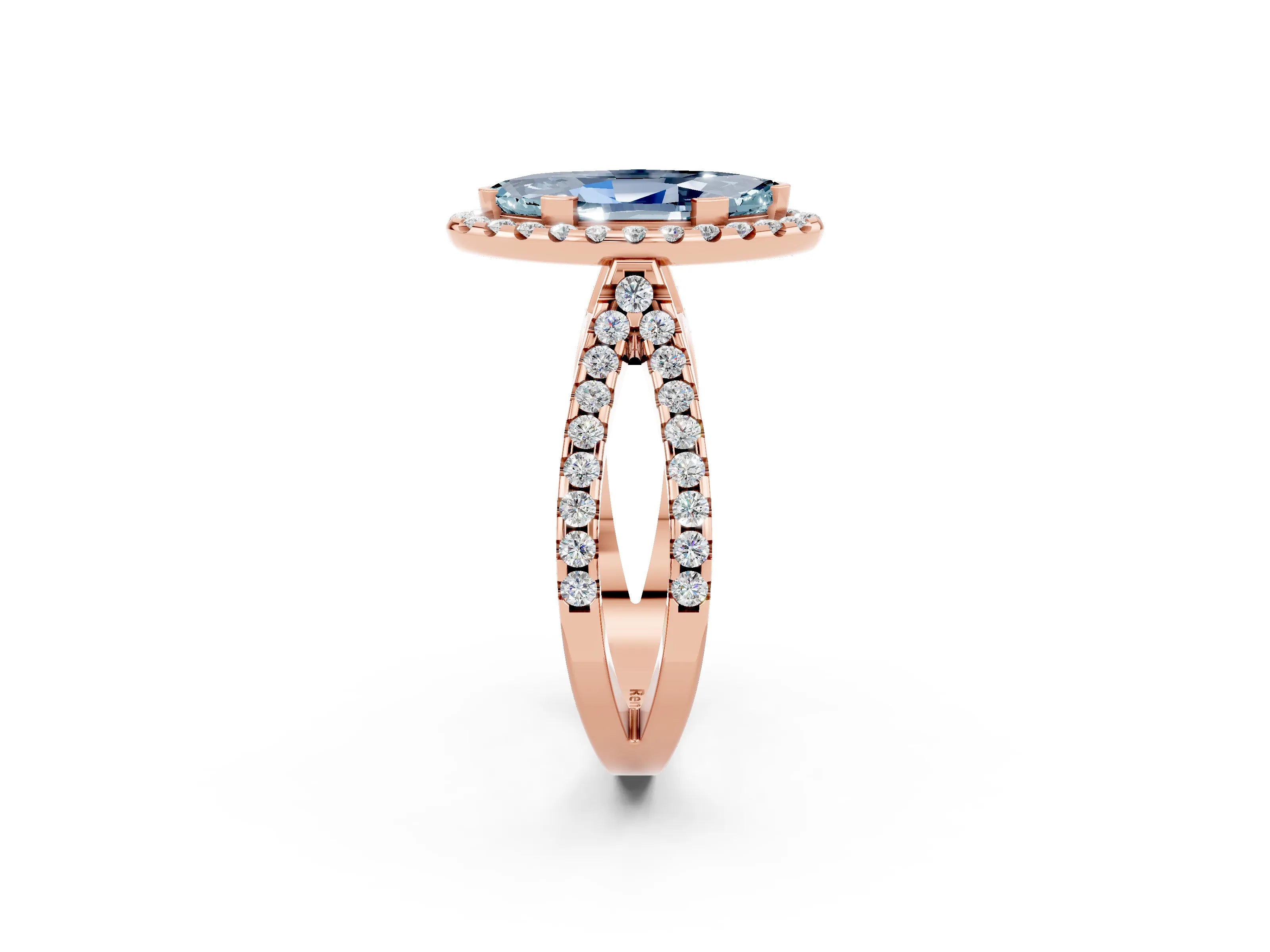 Rose gold Marquise Cut Aquamarine Halo Ring with Split Shank Pavé Band and Prong Setting_2