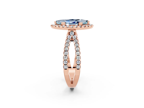 Rose gold Marquise Cut Aquamarine Halo Ring with Split Shank Pavé Band and Prong Setting