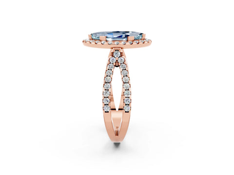 Rose gold Marquise Cut Aquamarine Halo Ring with Split Shank Pavé Band and Prong Setting_2