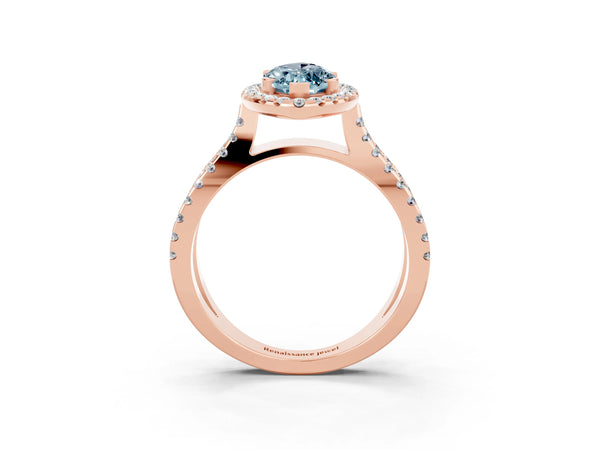 Rose gold Marquise Cut Aquamarine Halo Ring with Split Shank Pavé Band and Prong Setting