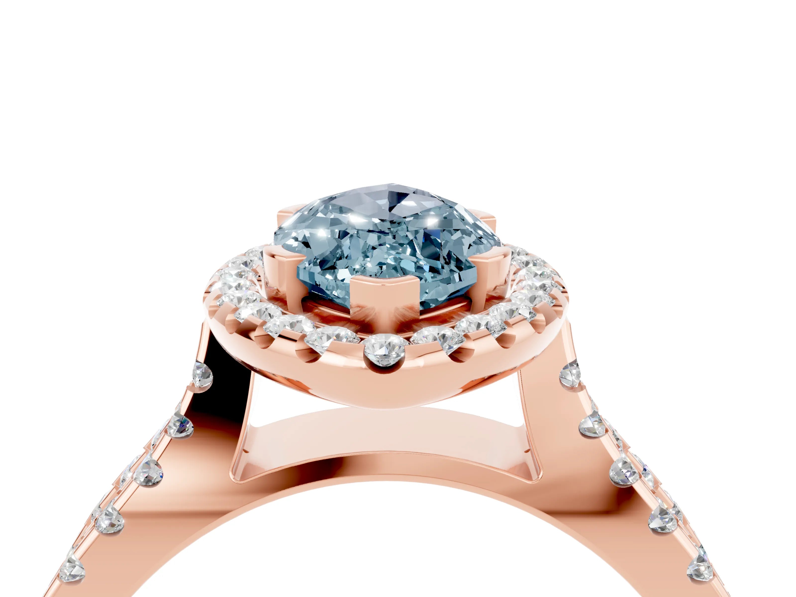 Rose gold Marquise Cut Aquamarine Halo Ring with Split Shank Pavé Band and Prong Setting_4