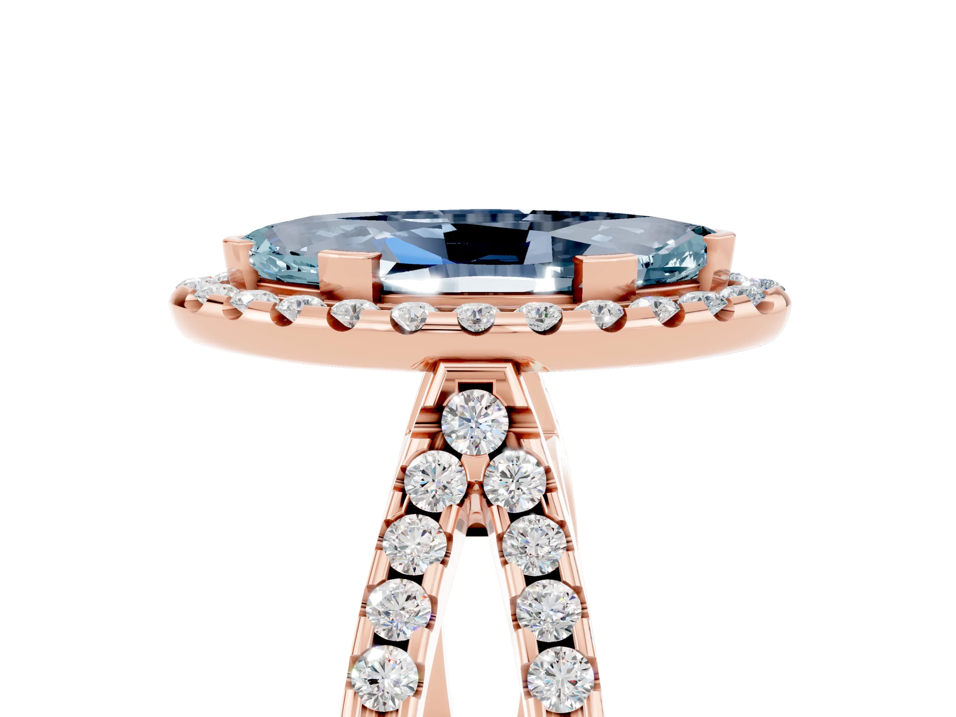 Rose gold Marquise Cut Aquamarine Halo Ring with Split Shank Pavé Band and Prong Setting_5