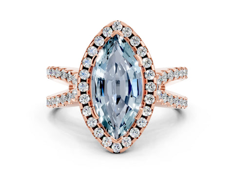 Rose gold Marquise Cut Aquamarine Halo Ring with Split Shank Pavé Band and Prong Setting