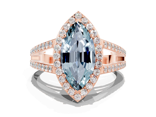 Rose gold Marquise Cut Aquamarine Halo Ring with Split Shank U-Prong Band and Four-Prong Setting