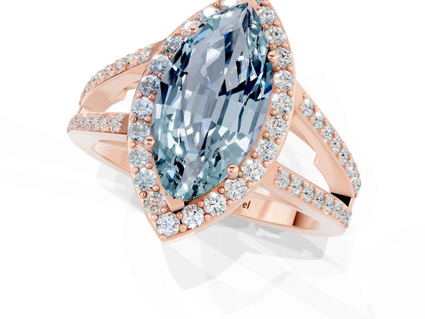 Rose gold Marquise Cut Aquamarine Halo Ring with Split Shank U-Prong Band and Four-Prong Setting