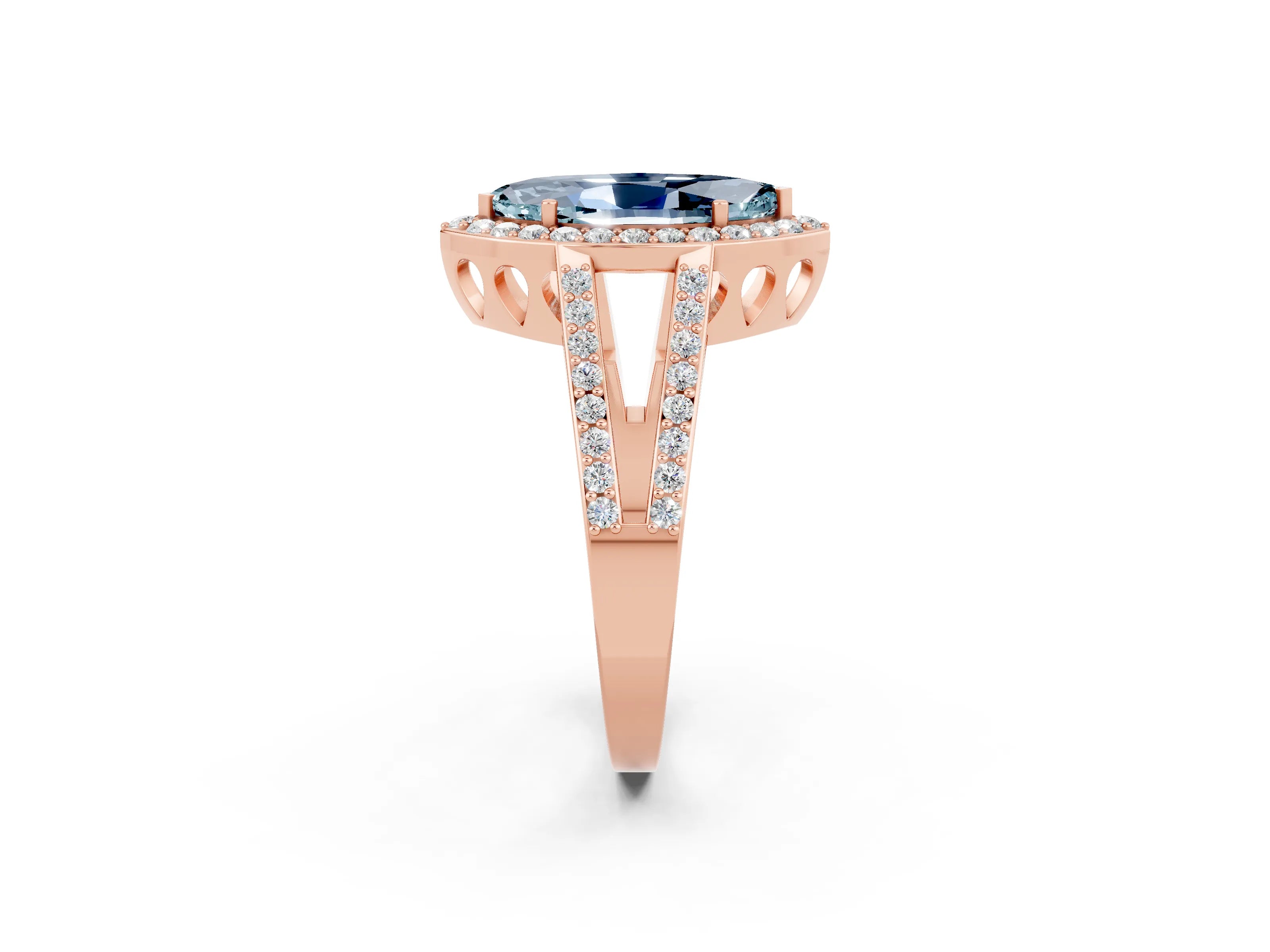 Rose gold Marquise Cut Aquamarine Halo Ring with Split Shank U-Prong Band and Four-Prong Setting_2