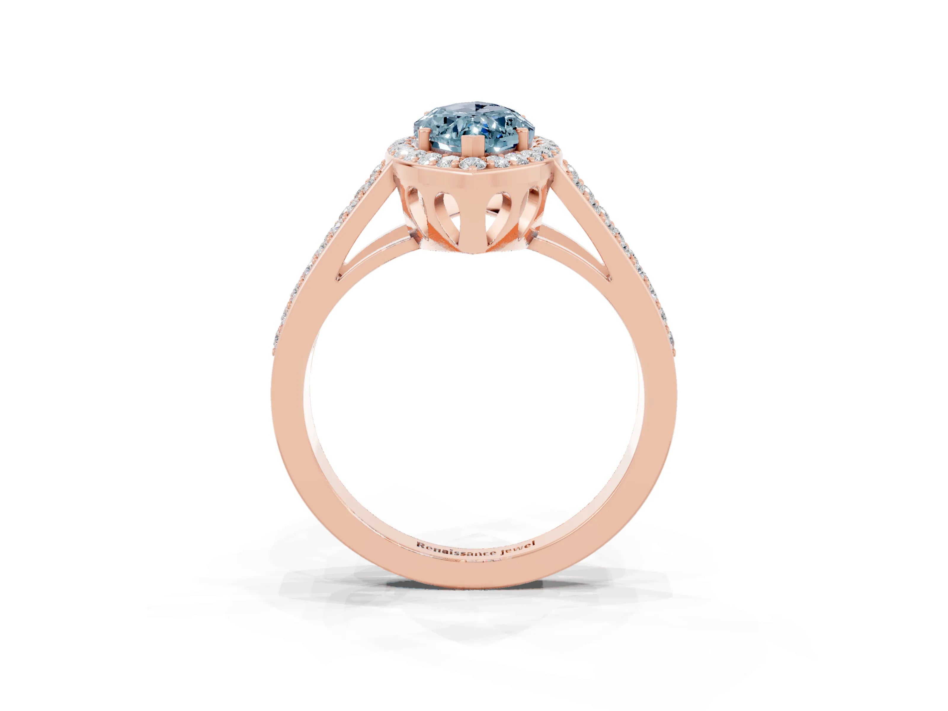 Rose gold Marquise Cut Aquamarine Halo Ring with Split Shank U-Prong Band and Four-Prong Setting_3