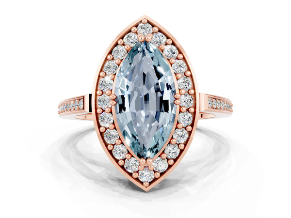 Rose gold Marquise Cut Aquamarine Halo Ring with Split Shank and Four-Prong Setting