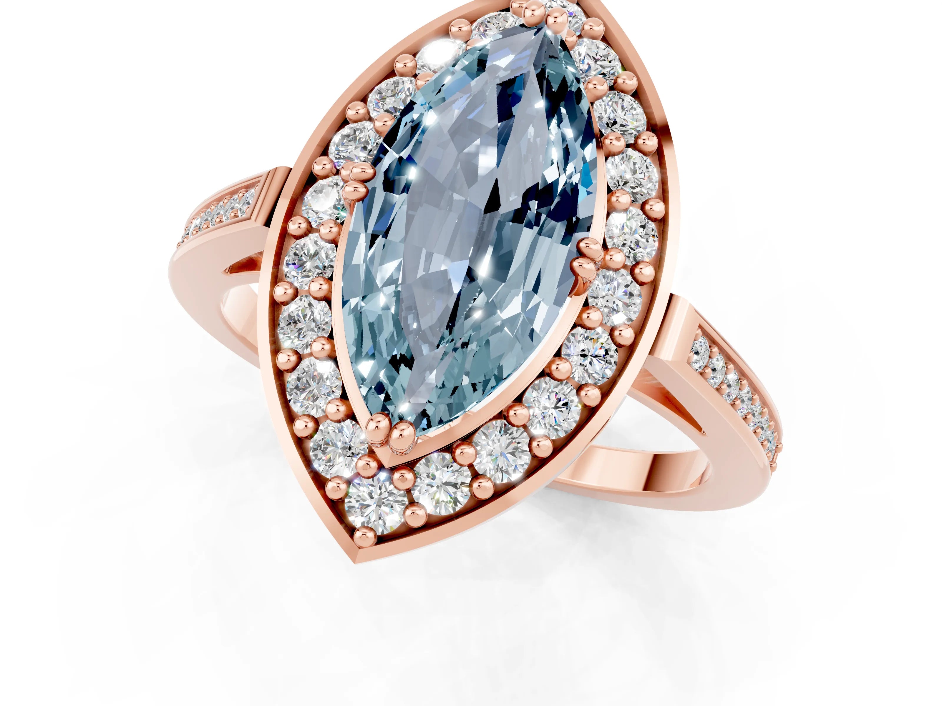 Rose gold Marquise Cut Aquamarine Halo Ring with Split Shank and Four-Prong Setting_1