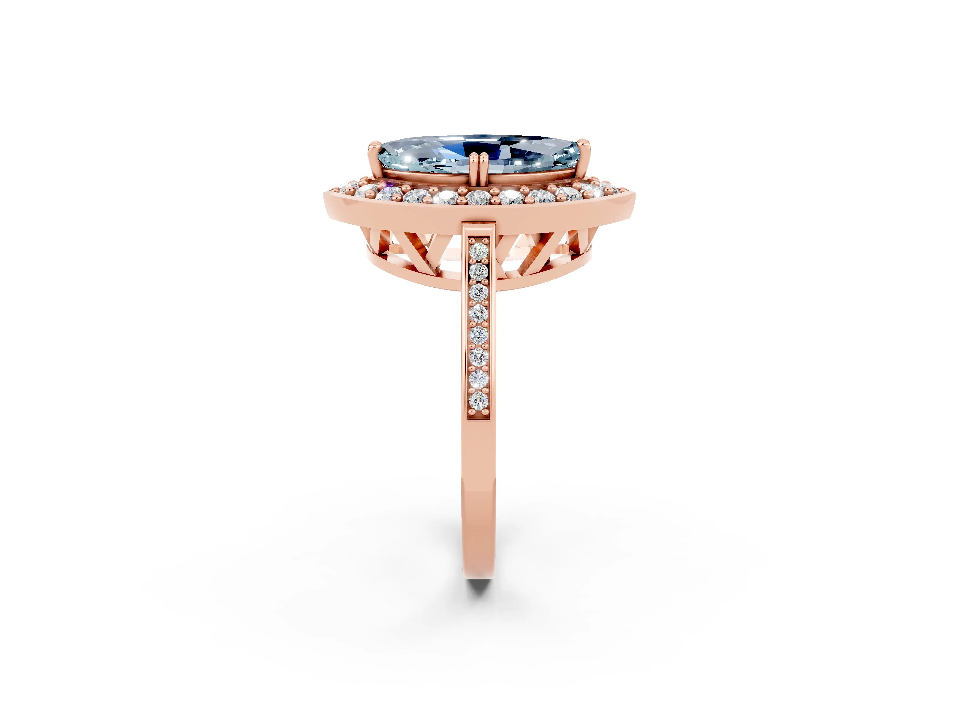 Rose gold Marquise Cut Aquamarine Halo Ring with Split Shank and Four-Prong Setting_2