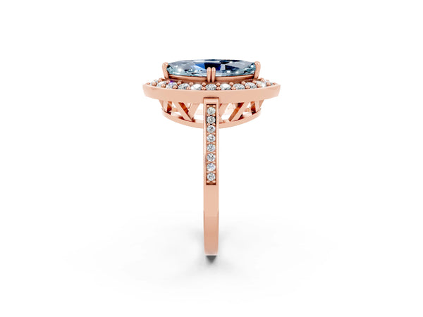 Rose gold Marquise Cut Aquamarine Halo Ring with Split Shank and Four-Prong Setting