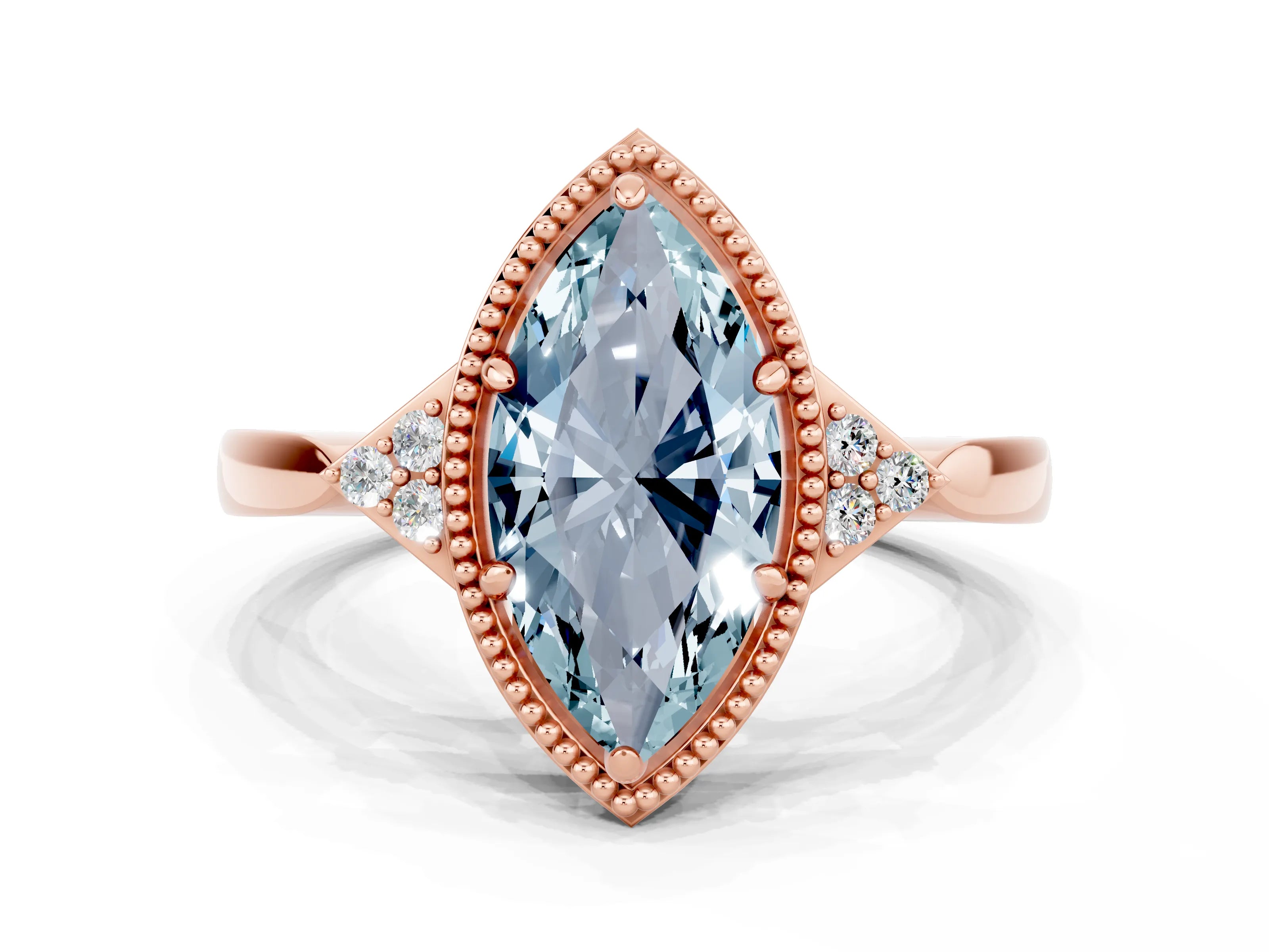 Rose gold Marquise Cut Aquamarine Halo Ring with Tapered Band and Four-Prong Setting
