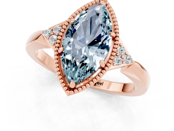 Rose gold Marquise Cut Aquamarine Halo Ring with Tapered Band and Four-Prong Setting