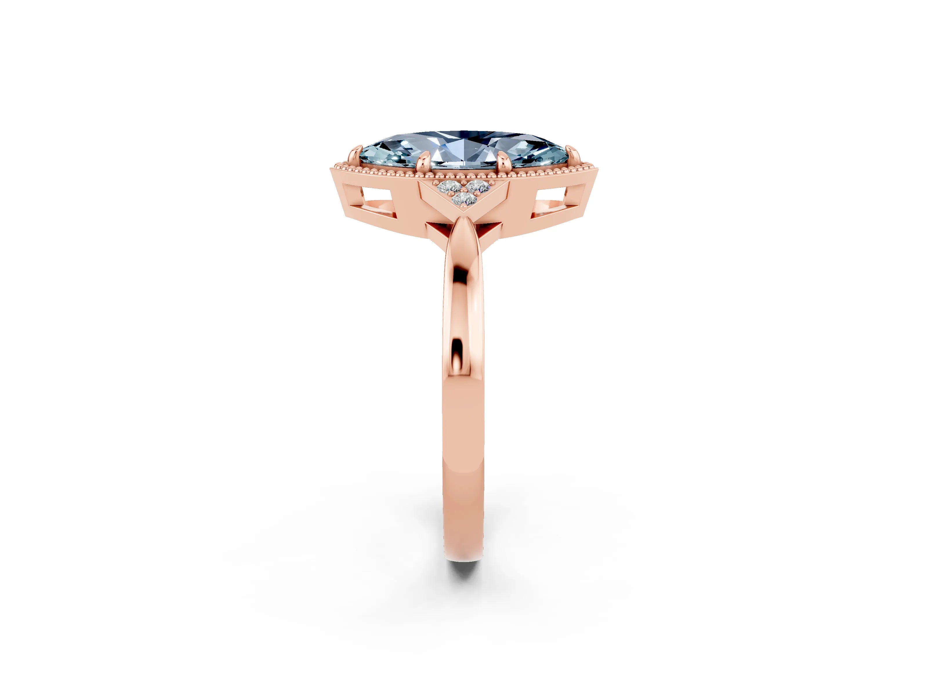 Rose gold Marquise Cut Aquamarine Halo Ring with Tapered Band and Four-Prong Setting_2