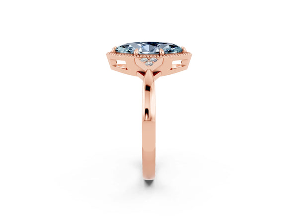 Rose gold Marquise Cut Aquamarine Halo Ring with Tapered Band and Four-Prong Setting