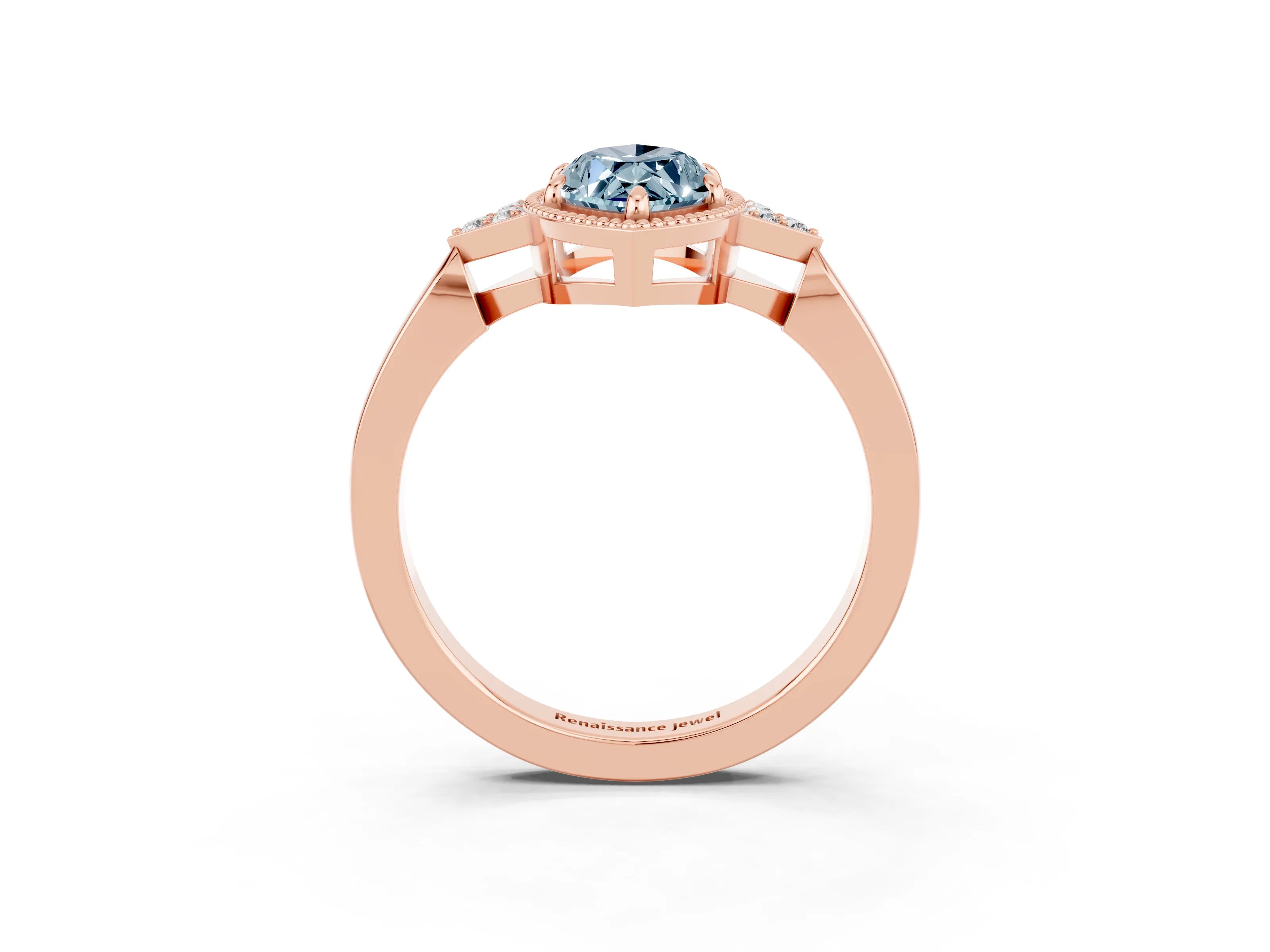 Rose gold Marquise Cut Aquamarine Halo Ring with Tapered Band and Four-Prong Setting_3