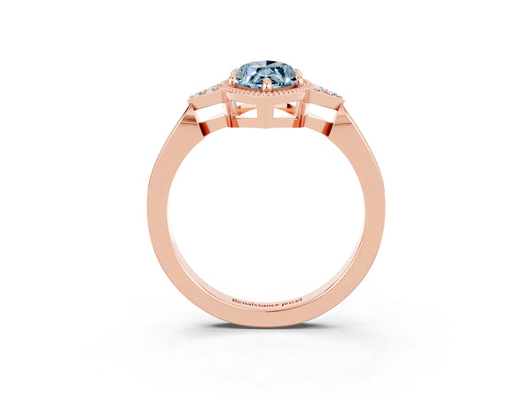 Rose gold Marquise Cut Aquamarine Halo Ring with Tapered Band and Four-Prong Setting