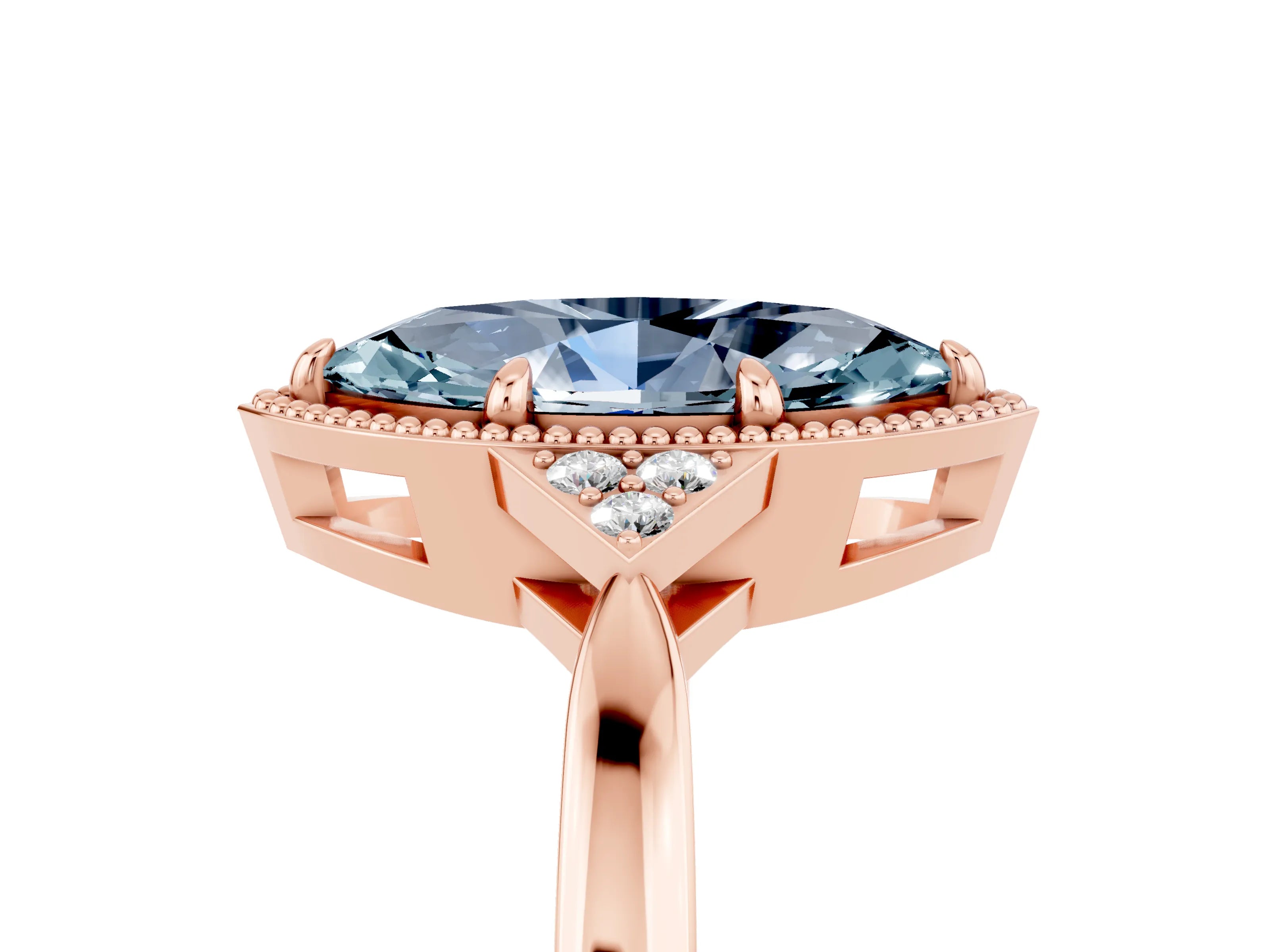 Rose gold Marquise Cut Aquamarine Halo Ring with Tapered Band and Four-Prong Setting_5