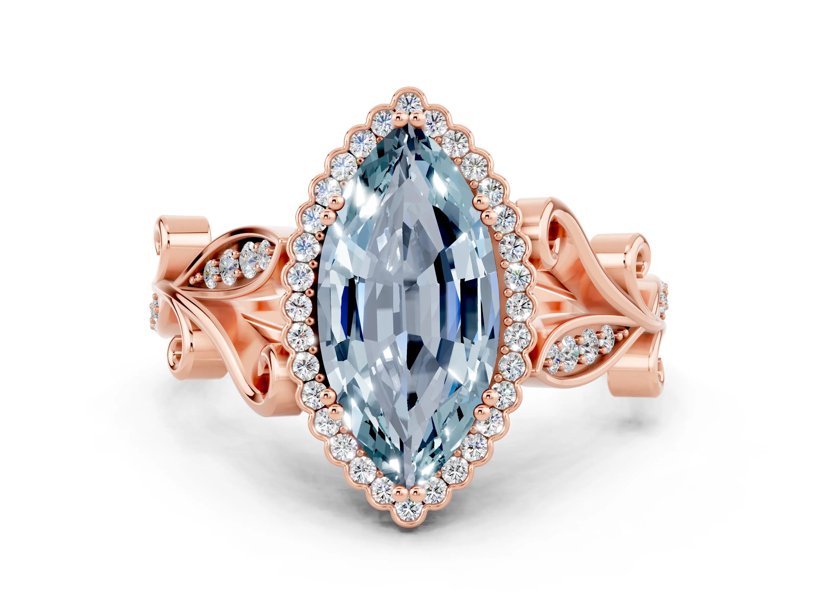 Rose gold Marquise Cut Aquamarine Halo Ring with Vintage Split Shank and Four-Prong Setting