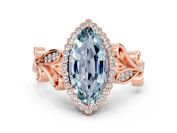 Rose gold Marquise Cut Aquamarine Halo Ring with Vintage Split Shank and Four-Prong Setting