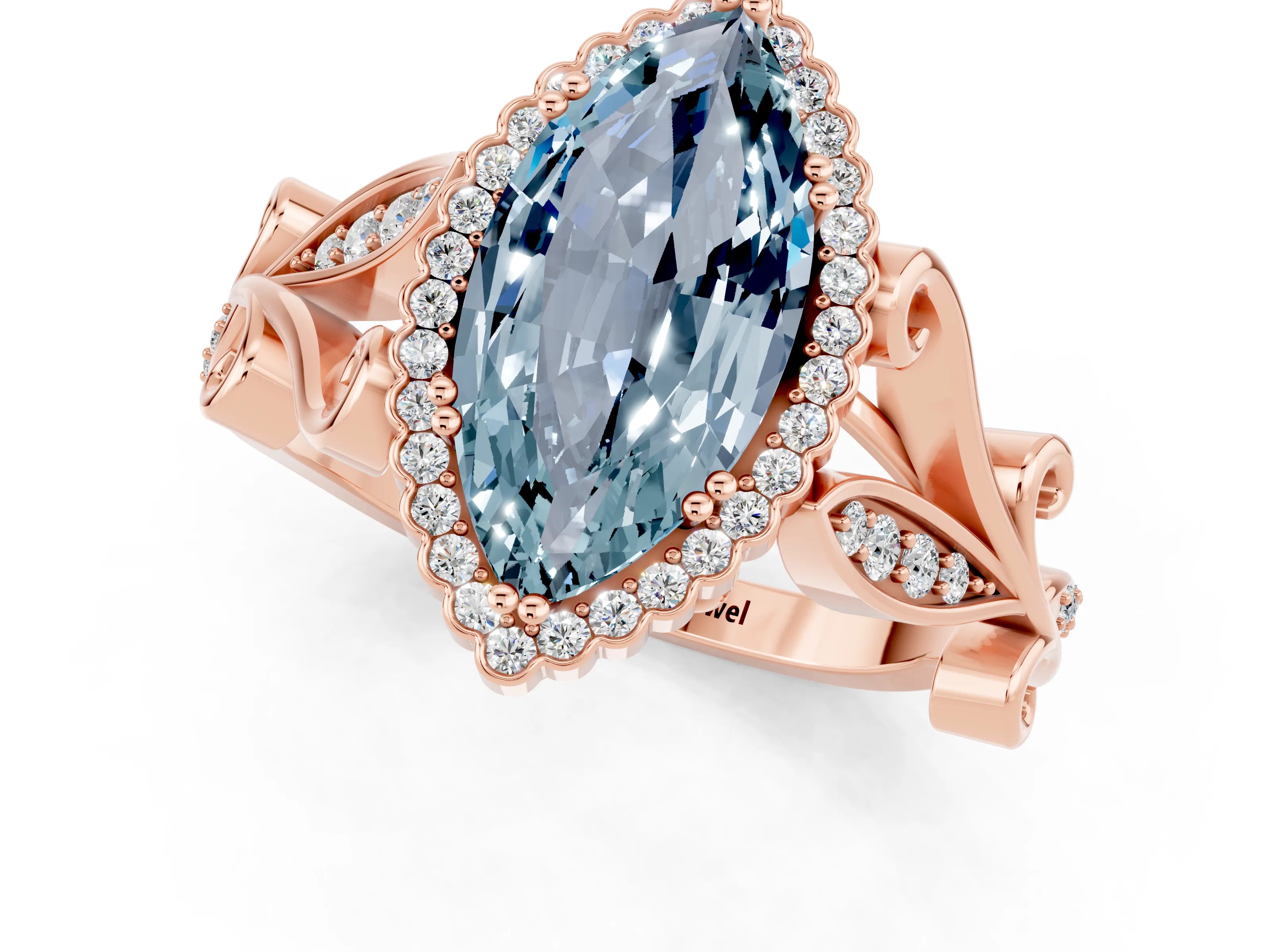 Rose gold Marquise Cut Aquamarine Halo Ring with Vintage Split Shank and Four-Prong Setting_1