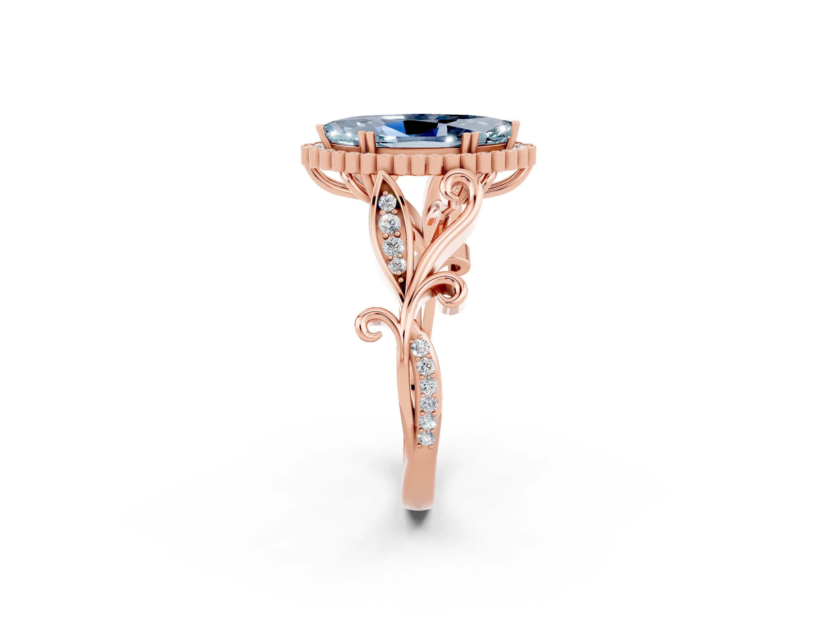 Rose gold Marquise Cut Aquamarine Halo Ring with Vintage Split Shank and Four-Prong Setting_2