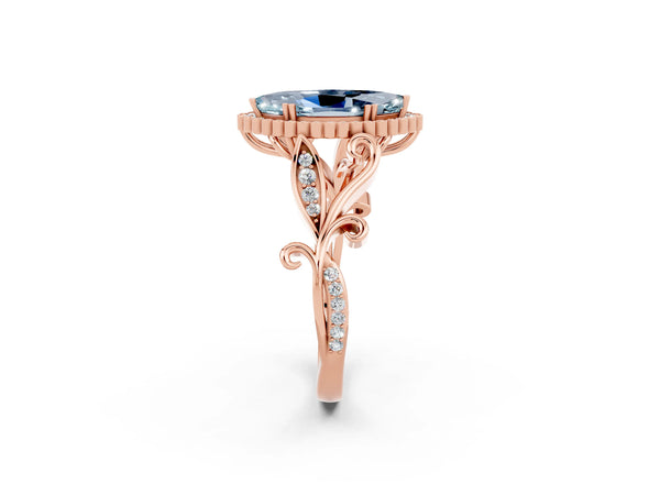 Rose gold Marquise Cut Aquamarine Halo Ring with Vintage Split Shank and Four-Prong Setting