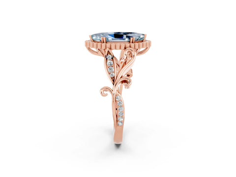 Rose gold Marquise Cut Aquamarine Halo Ring with Vintage Split Shank and Four-Prong Setting_2