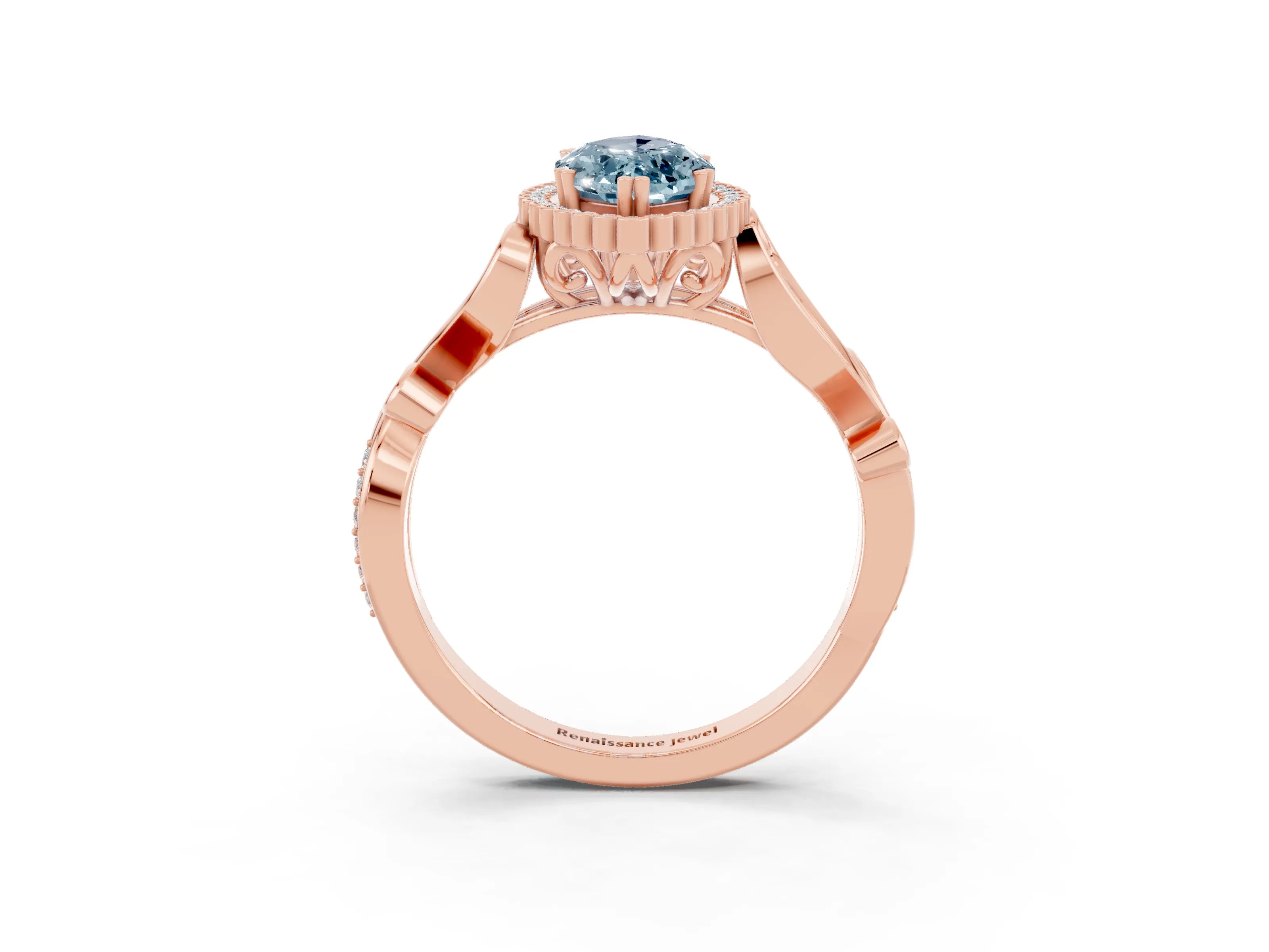 Rose gold Marquise Cut Aquamarine Halo Ring with Vintage Split Shank and Four-Prong Setting_3