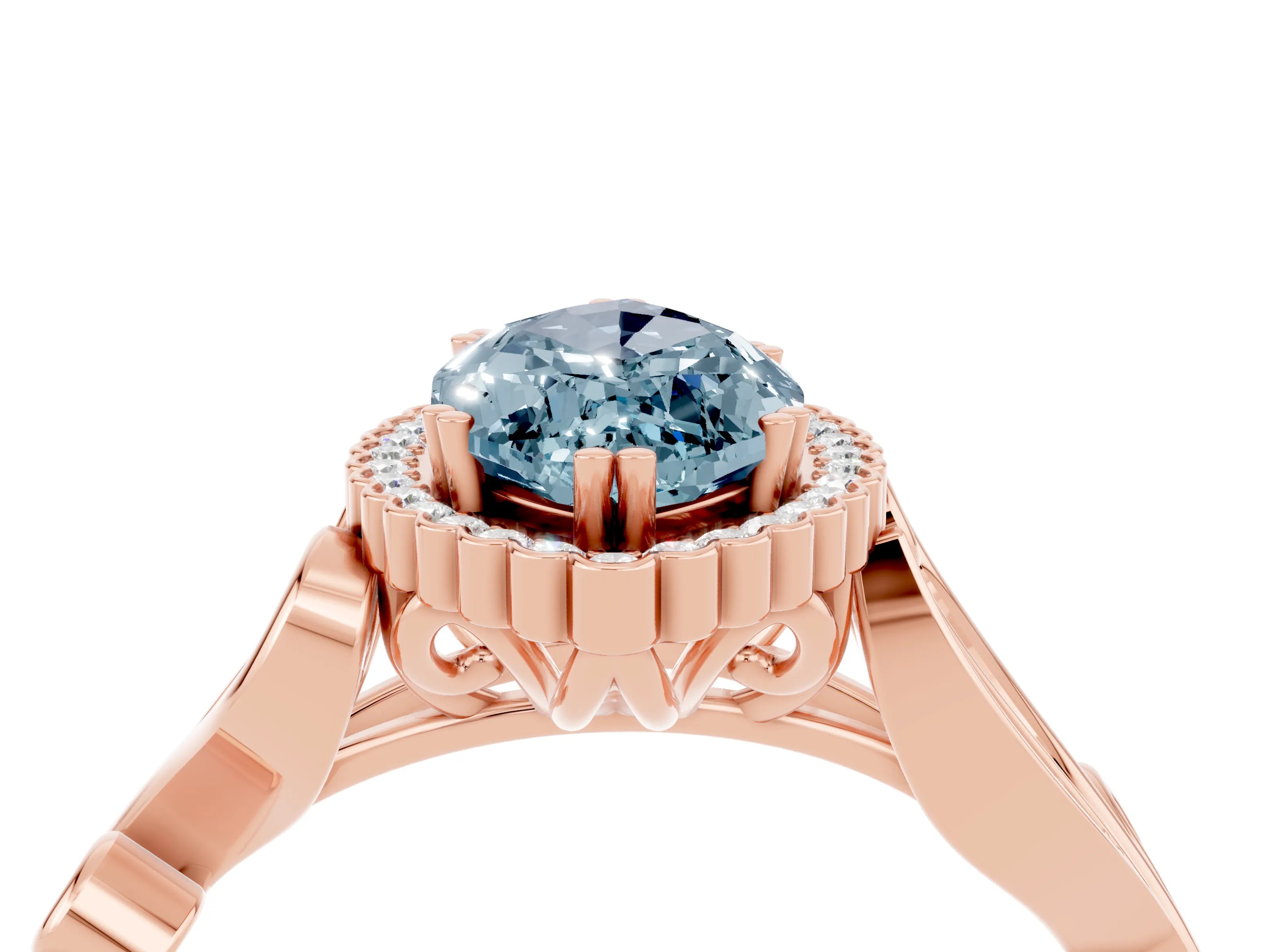 Rose gold Marquise Cut Aquamarine Halo Ring with Vintage Split Shank and Four-Prong Setting_4
