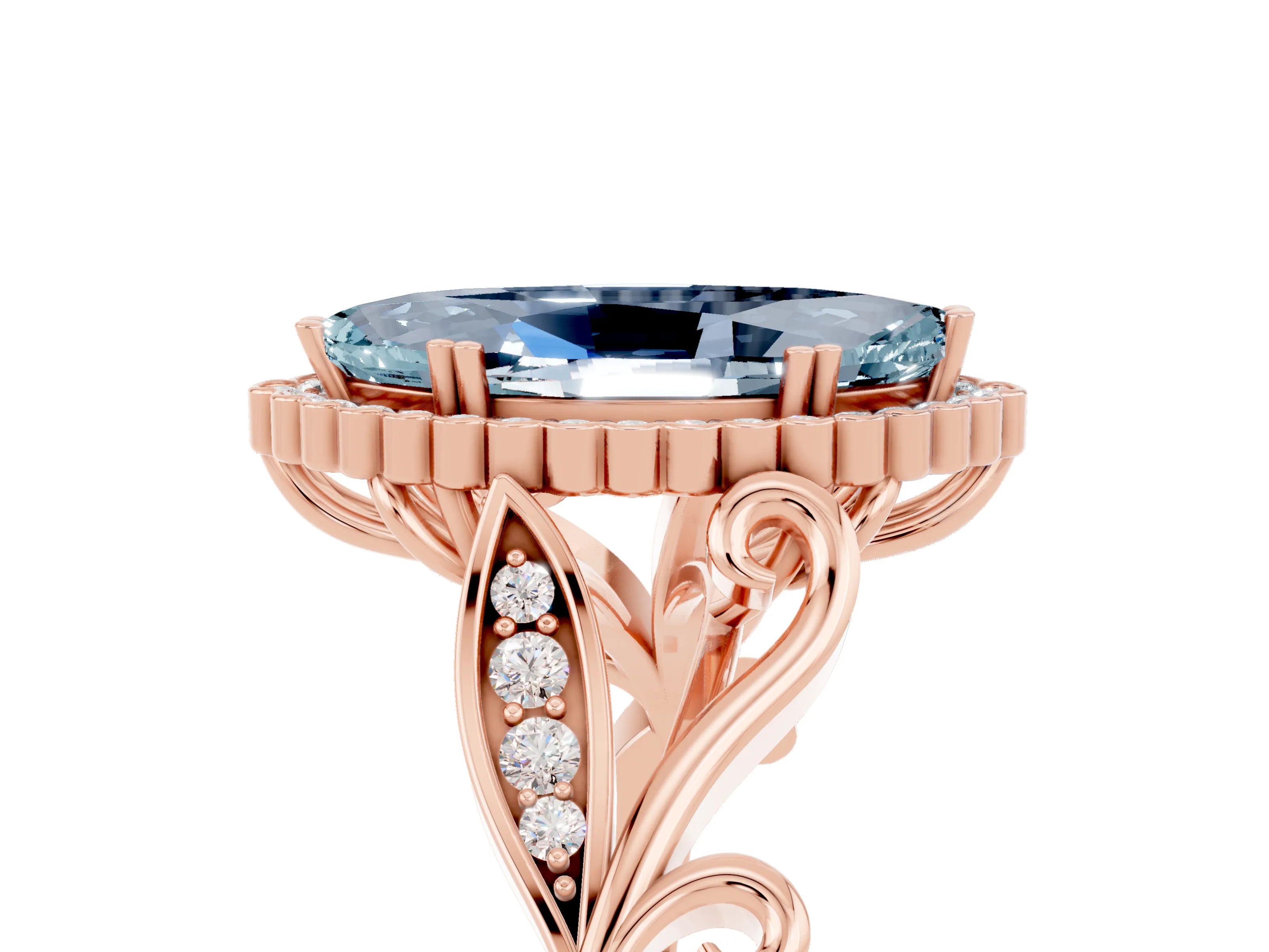 Rose gold Marquise Cut Aquamarine Halo Ring with Vintage Split Shank and Four-Prong Setting_5